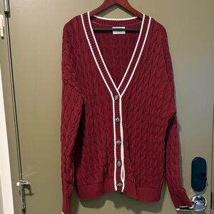 Old Navy Maroon Cable Knit Cardigan with White Trim Tall Large